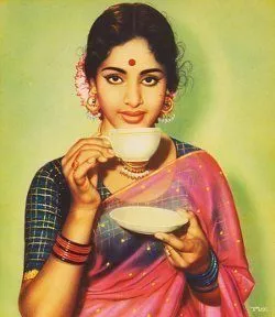 An Indian woman sips tea. Sample from a catalogue of calendar images, circa 1950s-60s.