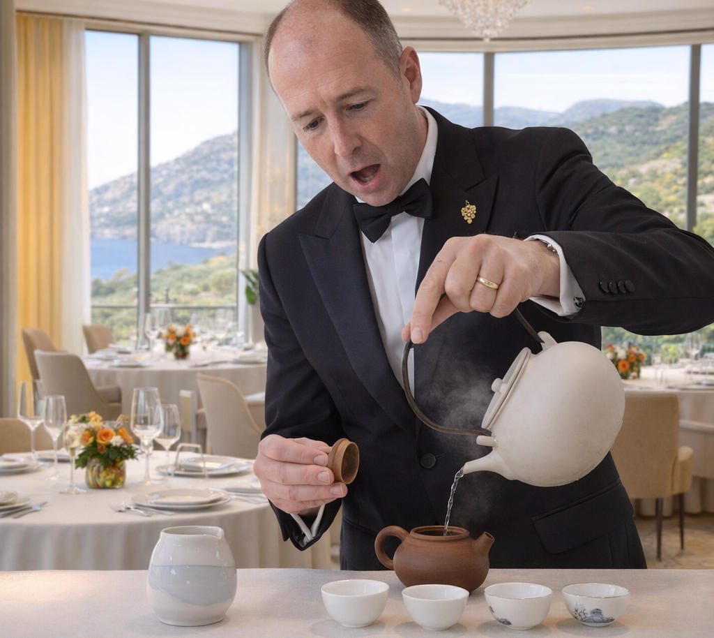 un sommelier sert un thé en gongfucha